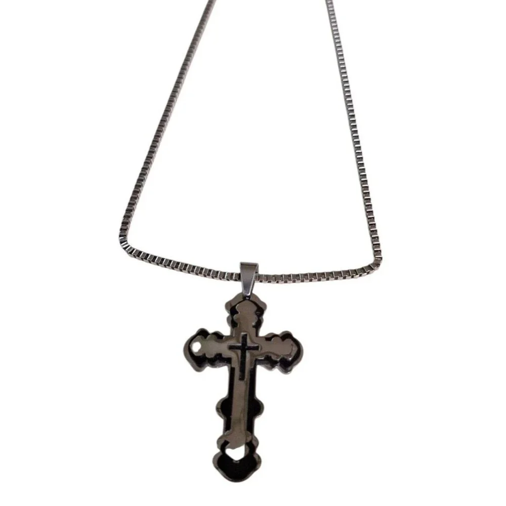 Mens Stainless Steel Two-Tone & Black Cross Pendant Necklace